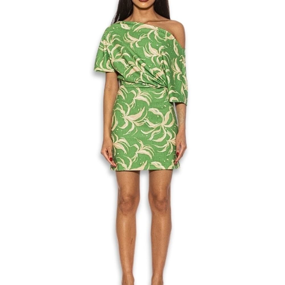 Alexia Admor Mini Dress Suri Drape One Shoulder Comfortable Green/Yellow L NWOT